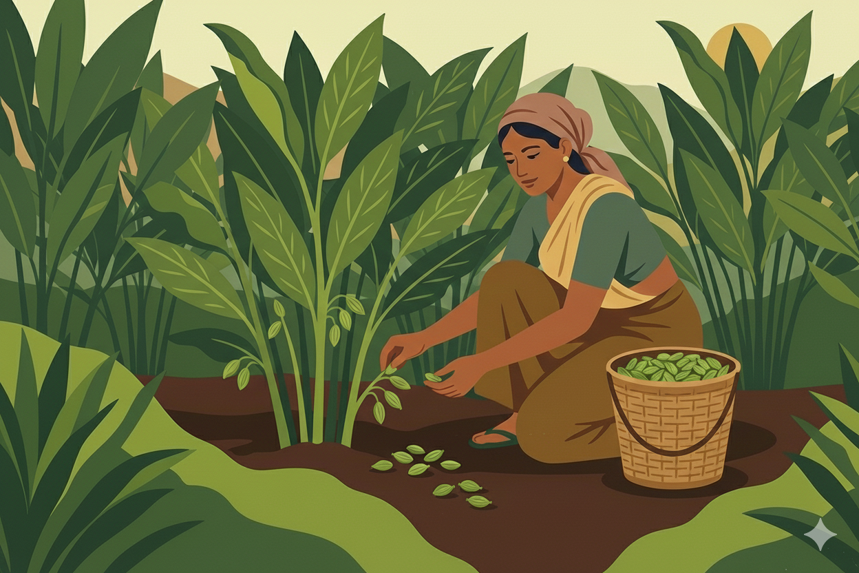 Hand-harvesting of ripe green cardamom pods